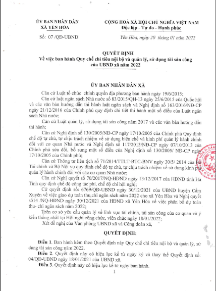 QĐ về ban hành quy chế chi tiêu nội bộ và quản lý, sử dụng tài sản công của UBND xã 2022